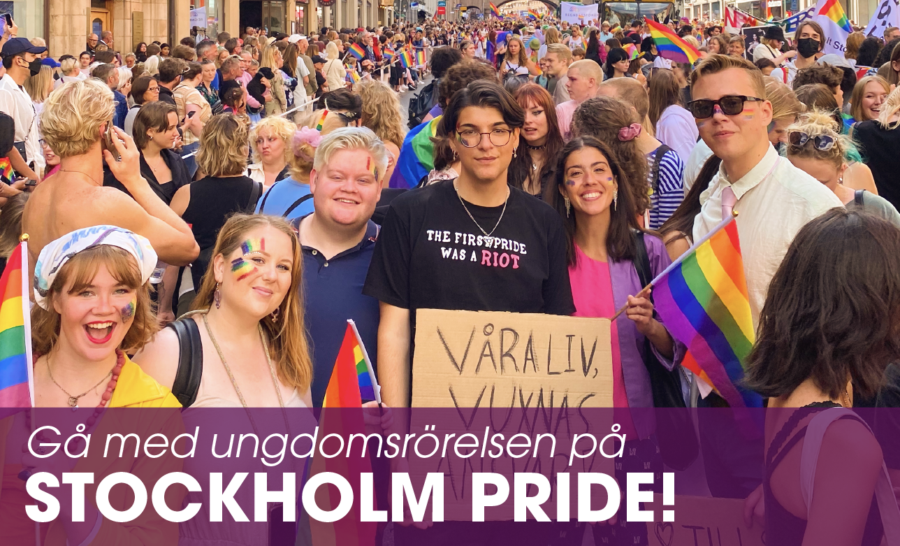 Elias Fjellander och Noura Berrouba går glatt i pride stockholm.